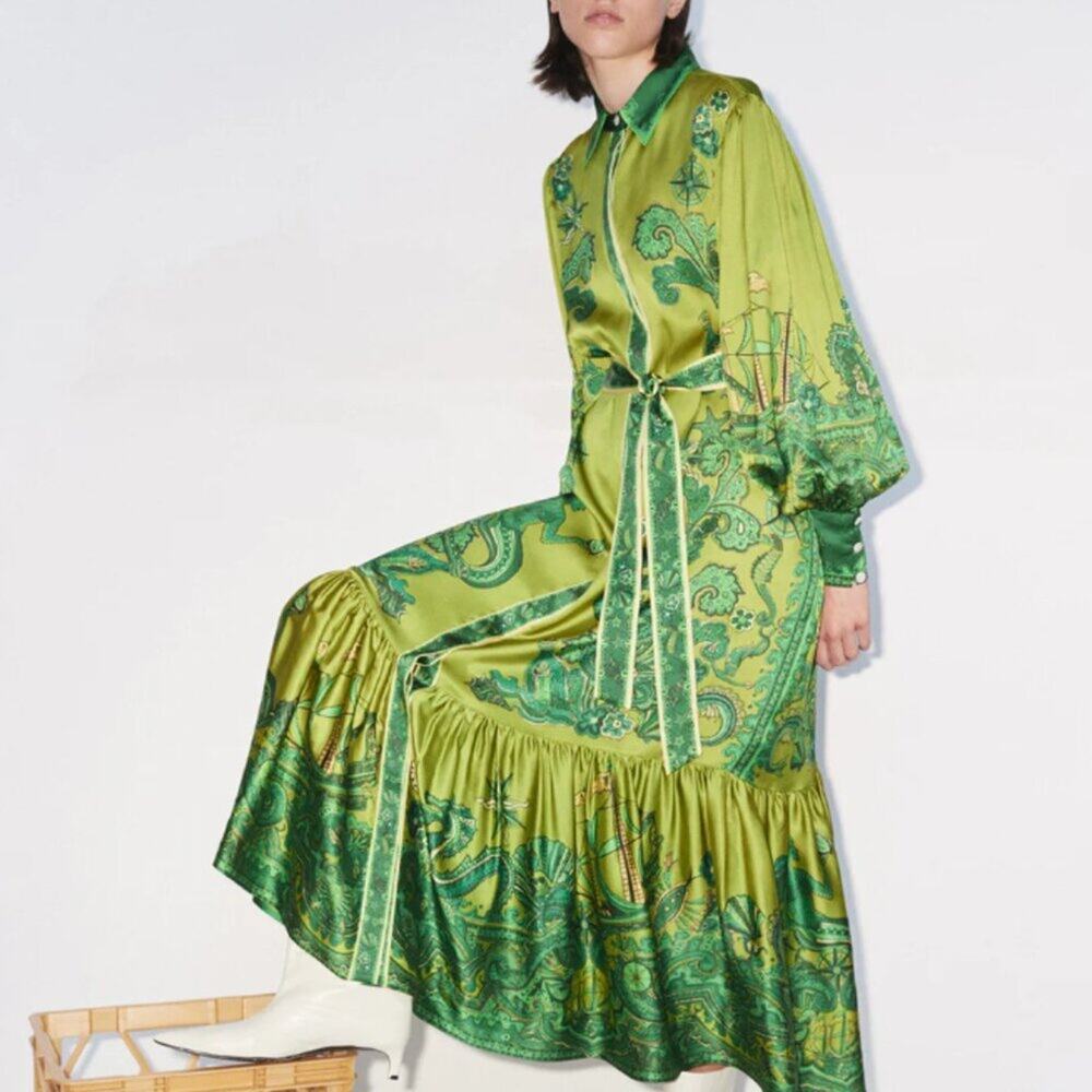 Alemais Solaris Shirtdress - Olive Silk Satin US 2 - Picture 2 of 12